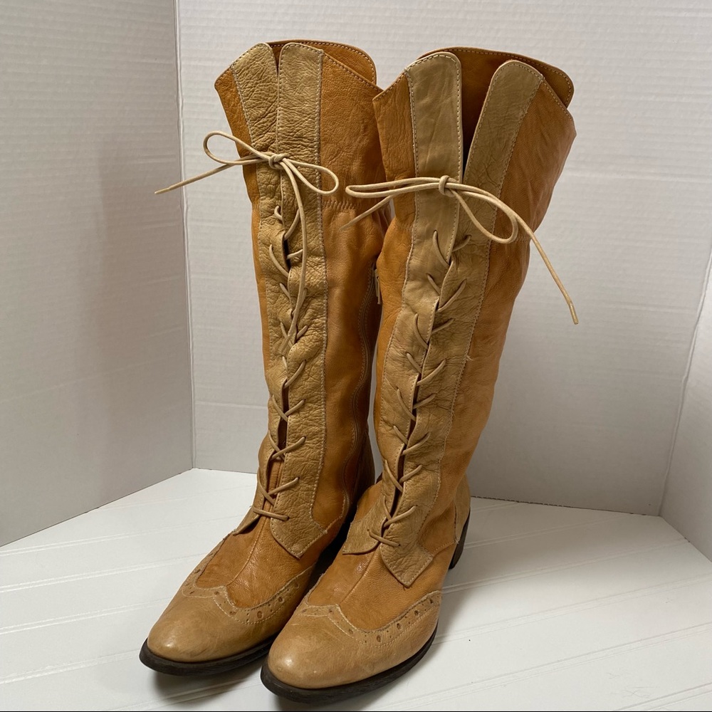 BERTIE Vintage Look Tan Leather Lace Up Tall Boots Size 40